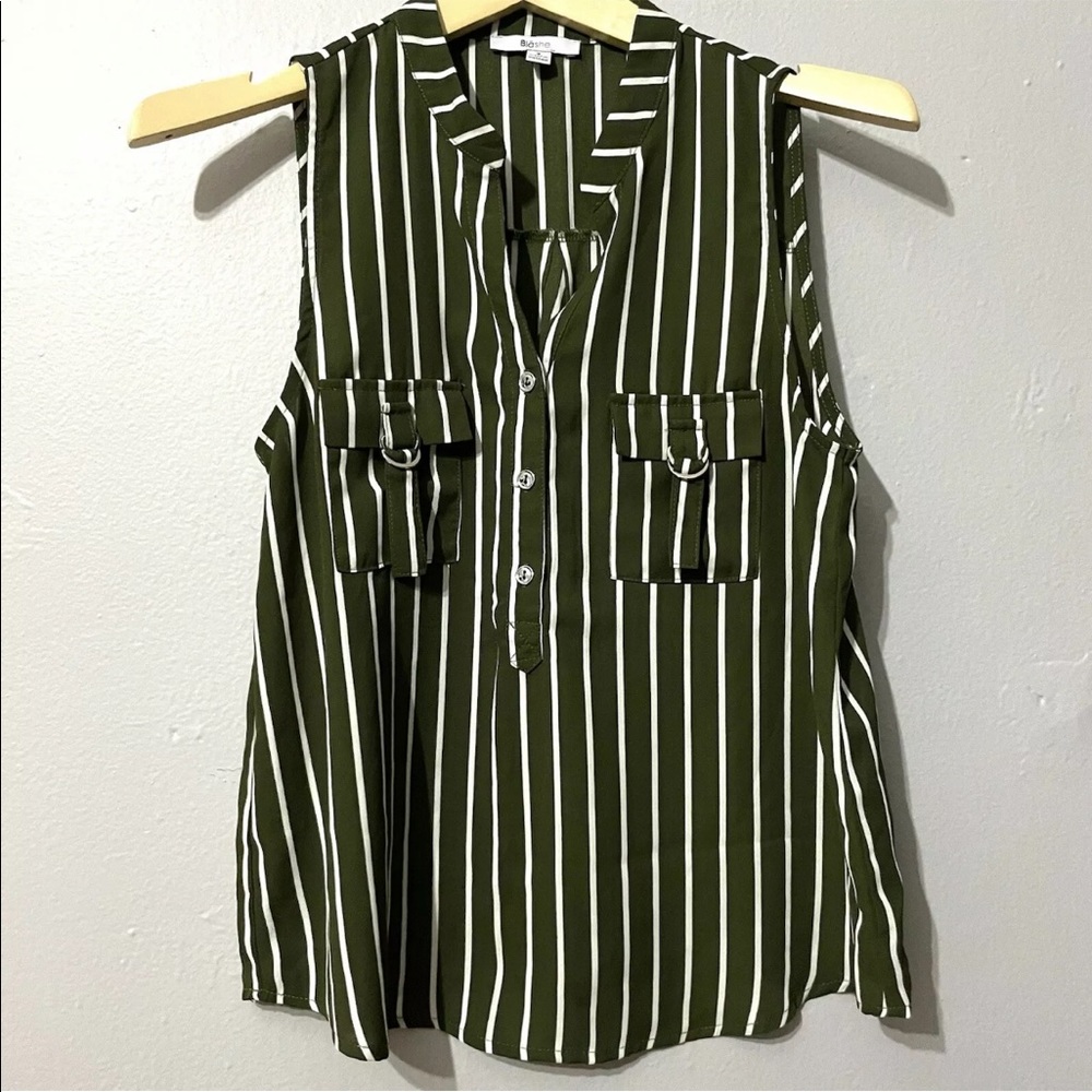 Blashe Blouse Striped Olive Green Top Size S Casual Pull On White‎ Sleeveless